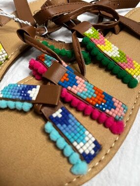 Boho Gladiator Sandals w/ Mosaic Resin Detail Tassels & Pom Poms – Size 6